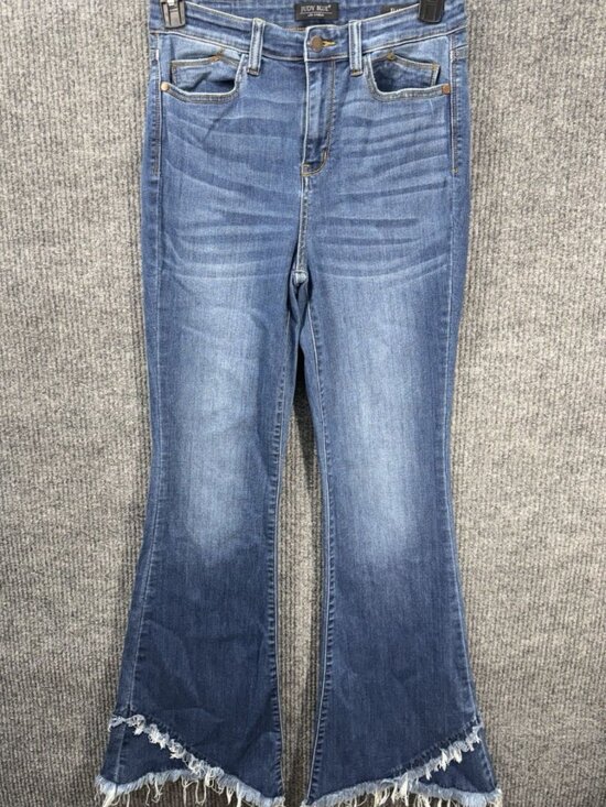 Judy Blue Denim - Judy Blue Flare Jeans Womens 9/29 Medium Wash Frayed Tulip Tiered Raw Hem Denim